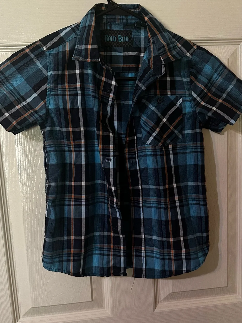Boys Short Sleeve Plaid Shirt - Blue/Tan